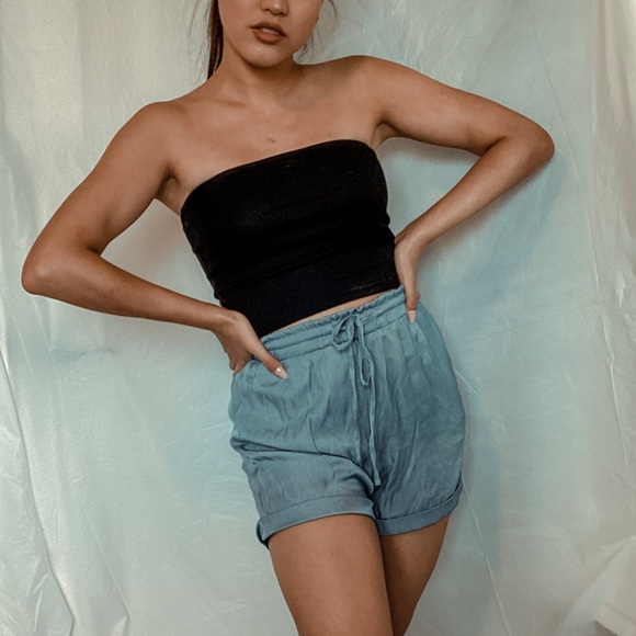 High-Waisted Denim Blue Drawstring Shorts - Picture 1 of 3